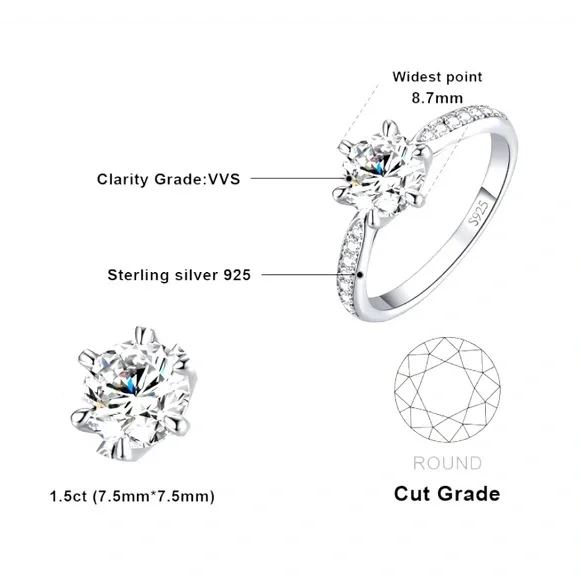 Classic 1.5 CT Moissanite Solitaire Engagement Promise 925 Sterling Silv⦠- Picture 4 of 9